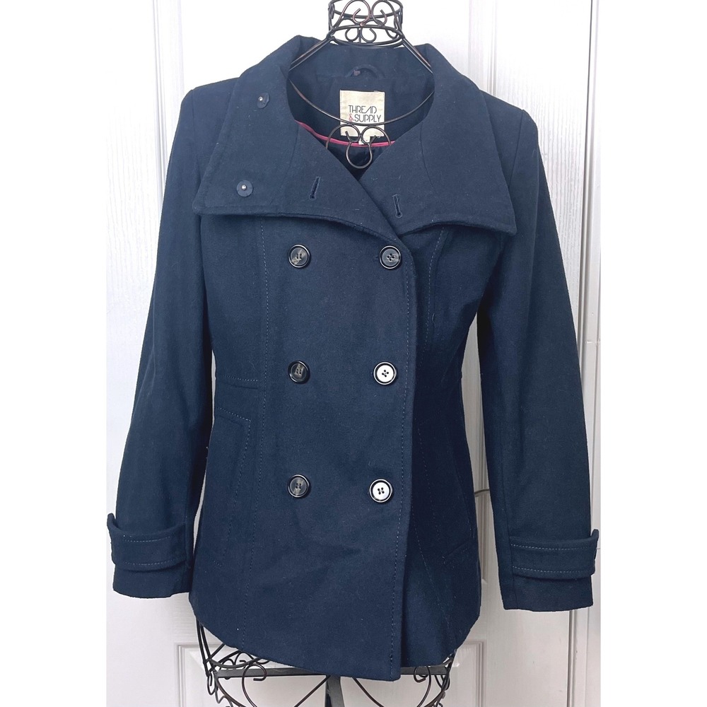 Thread & Supply Navy Double Breasted Pea Coat Wool Capsule Jacket Womens Large